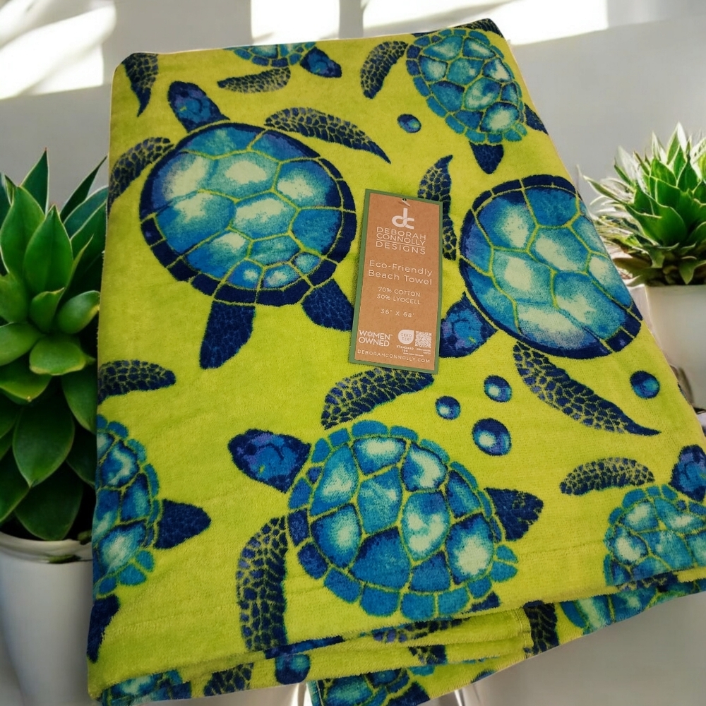 Deborah Connolly Beach Towel Pool Turtle Tropical Watercolor Blue Green - Picture 5 of 5